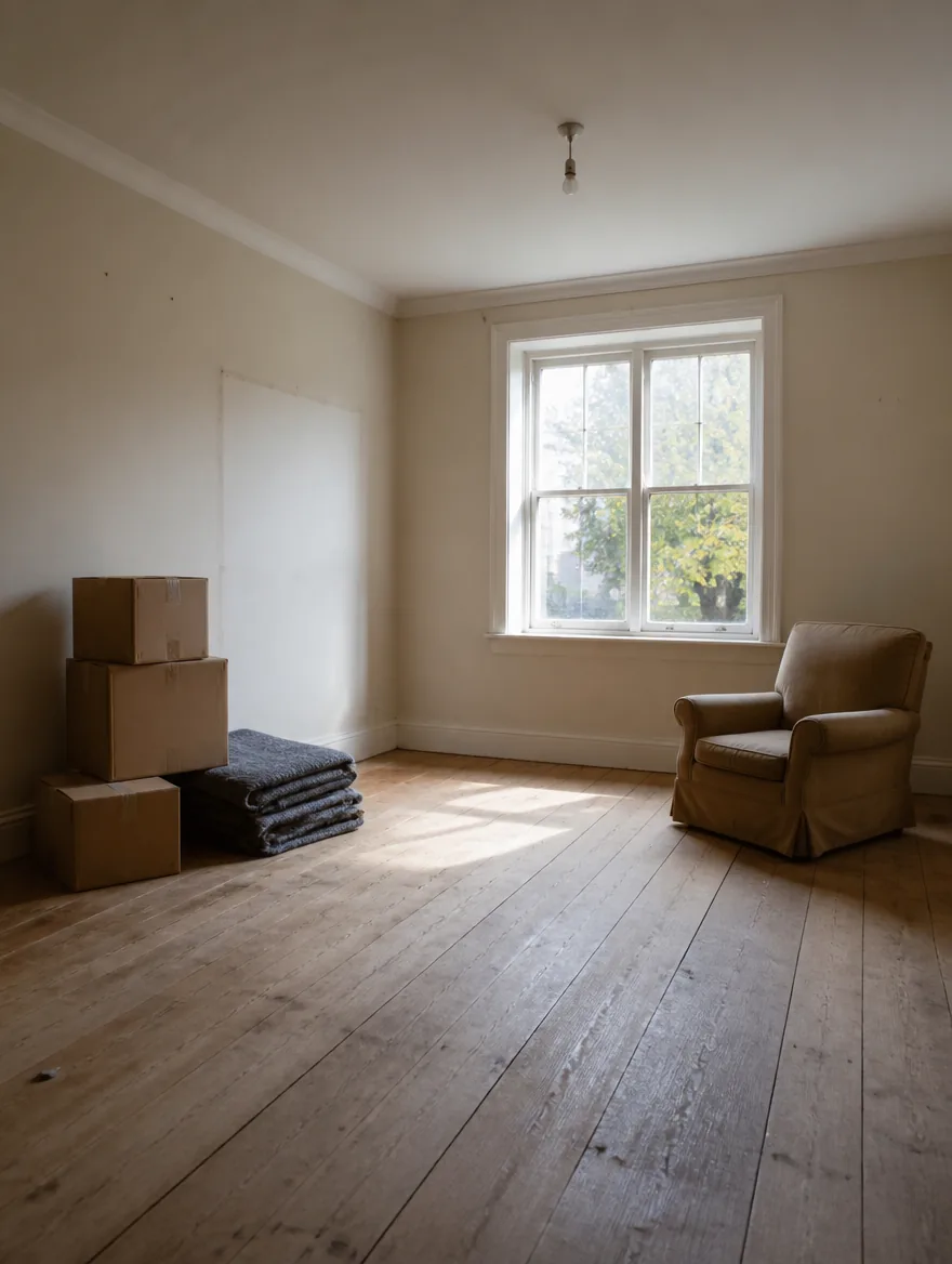 Leergeräumtes Zimmer mit gestapelten Umzugskartons und Tageslicht am Fenster