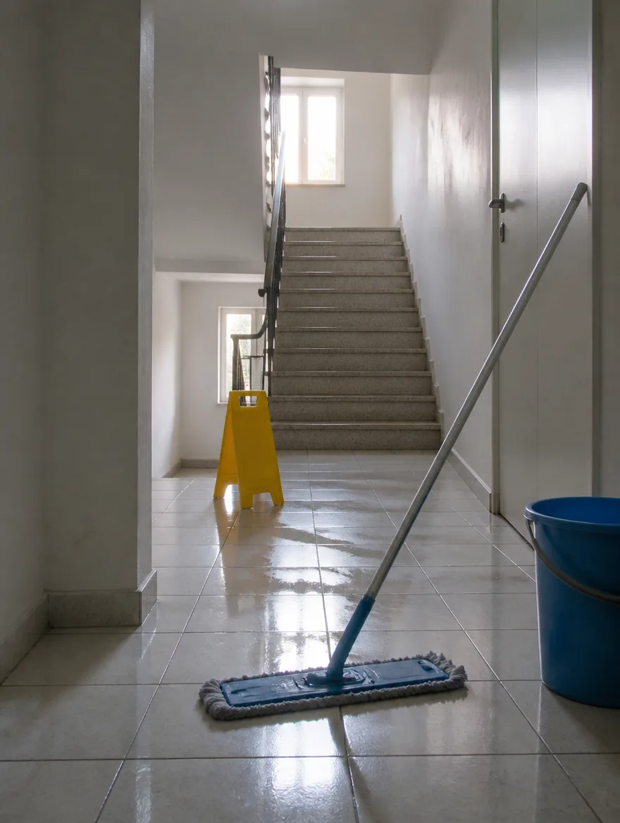 Treppenhaus wird mit einem Flachmopp gereinigt, daneben ein Warnschild