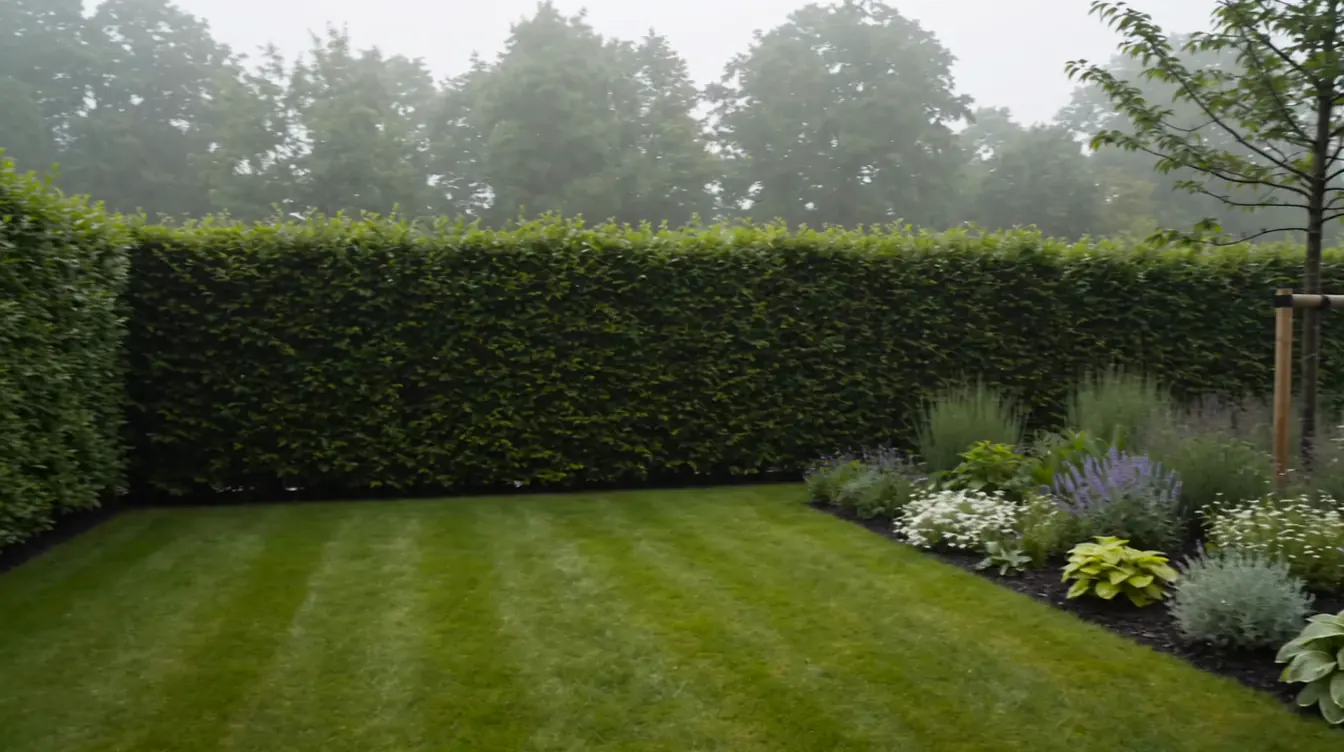 Gepflegter Privatgarten mit Rasen, Hecken, Staudenbeeten und moderner Terrasse