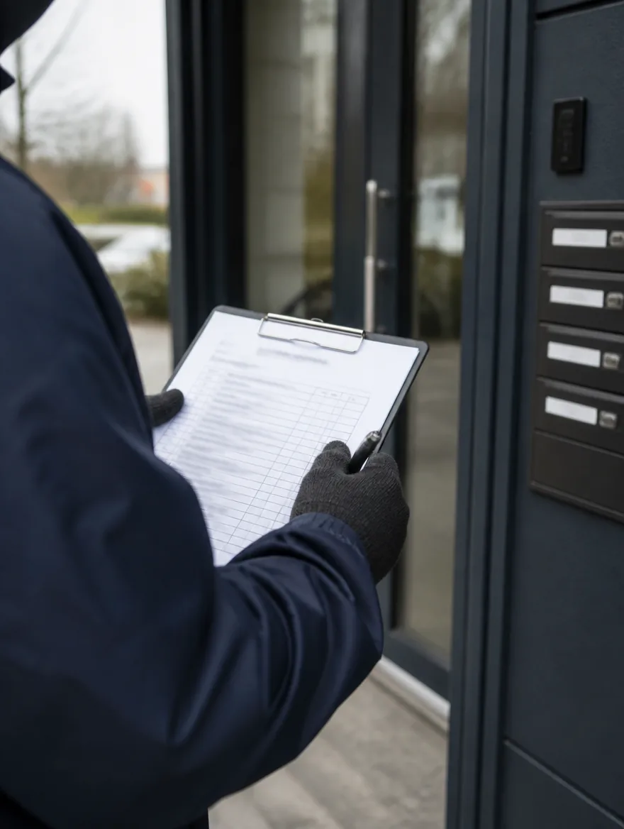 Behandschuhte Hände mit Checkliste vor einem Hauseingang mit Briefkastenanlage